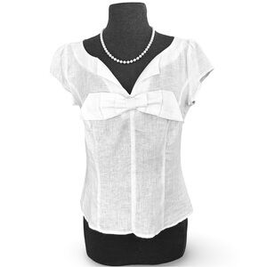 100% Linen Cap Sleeve Princess Blouse Empire Waist Knot Bow Hidden Zipper Size M